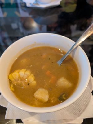 Complimentary veg pumpkin soup at The Vegan & Jamaican Restaurant in Nairobi County