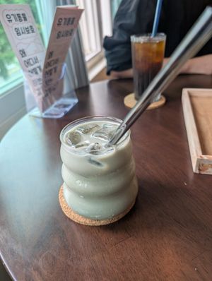 Iced mugwort latte with soy milk at Jungle Pimfy - 동물책방 정글핌피 in Seoul
