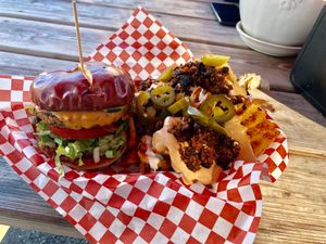 Classic burger w loaded fries  at Atlas Meat-Free Delicatessen in Miami