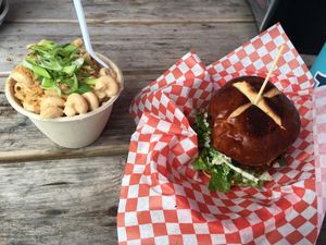 Kansas City Burnt Tips with Mac and Cheese at Atlas Meat-Free Delicatessen in Miami