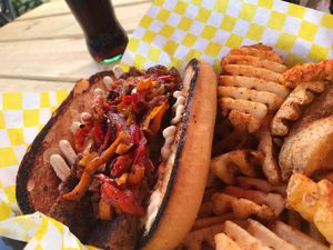Italian sausage sandwich with onions and peppers at Atlas Meat-Free Delicatessen in Miami