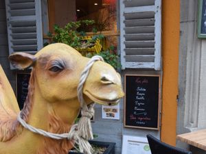 A camel prop outside suits the Middle-Eastern restaurant, vegan options are clearly marked on the menu. at Le Touareg in Colmar