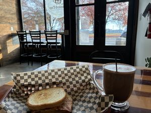 Breakfast Sammy + Daily Dust (with oat milk & maple syrup)  at The Dusted Cup in Portland