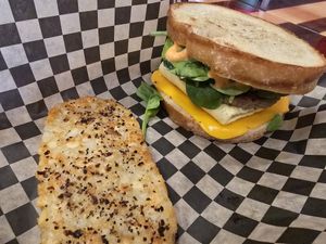 Breakfast sandwich with sourdough bread at The Dusted Cup in Portland