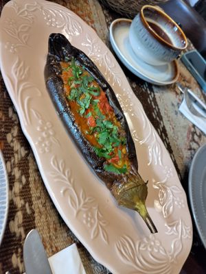 Baked aubergine stuffed with tomato, veg and herbs which was served with some bread at Lusik Aguletsi House-Museum and Art Cafe in Yerevan