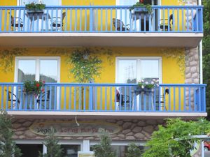 detail of the façade at Loving Hut Pension in St Kanzian