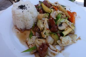 A plate with soya chunks which were called nuggets at Loving Hut Pension in St Kanzian