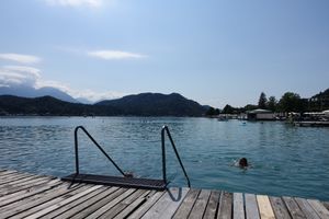 The lake and the pier at Loving Hut Pension in St Kanzian