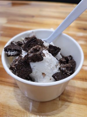 Cookie dough ice cream with cookie topper at Lazy Cow Creamery in Cookeville