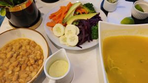 Menestra, mixed salad, and dieta (vegetable noodle soup) without chicken at "Gloriabamba" Restaurant in Cajamarca