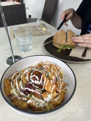 loaded wedges and mushroom burger  at Veggie Vie Hahndorf in Adelaide