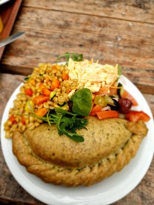 Spices cauli pasty and salads  at Centre for Alternative Technology Cafe in Machynlleth