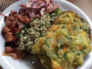 Stuffed potatoes and salad at Centre for Alternative Technology Cafe in Machynlleth