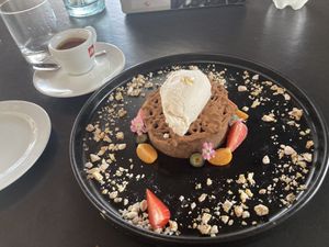 Vegan chocolate torte with vegan ice cream for dessert  at LIM - Paprika in Lima