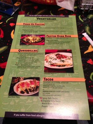 Side one of the vegetarian/vegan menu at Carlito's Mexican Bar and Grill in Pooler