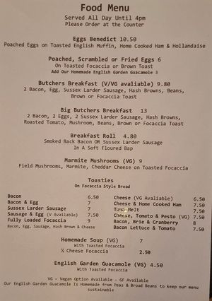 Food menu at Hops & Grounds in England