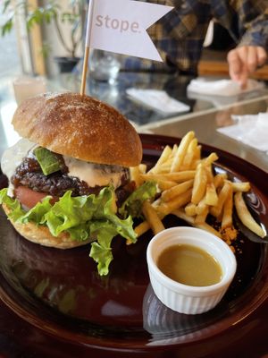 Plant-based cheese burger  at Stope. Vegan Cafe in Kyoto