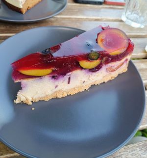 Tofu cake with fruits at Vege Miasto in Warsaw