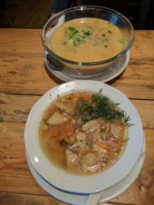 Cauliflower soup, spicy noodle soup at Vege Miasto in Warsaw