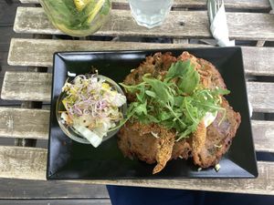 Fried oyster mushrooms and potato cakes  at Vege Miasto in Warsaw