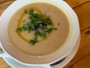 Soup of the day: cream soup made from celery, apple, cauliflower, sunflower seeds, and olive oil at Vege Miasto in Warsaw