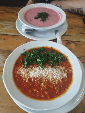 Lentils soup and cold beets soup at Vege Miasto in Warsaw