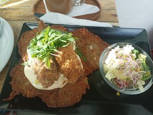 Fried mushrooms with potato cakes at Vege Miasto in Warsaw