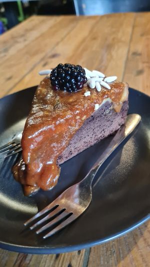 Brownie cheesecake with salted caramel (and orange) at Vege Miasto in Warsaw