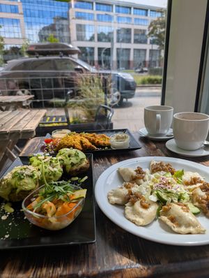 Pieroggi with cabbage and mushrooms on the right, filled potatoes with Tofu and cream cheese on the left at Vege Miasto in Warsaw