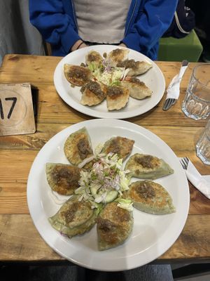 spinach and tofu pierogi (front) ; potato and tofu pierogi (back)  at Vege Miasto in Warsaw