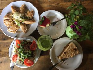 Dumplings, raw pasta, green smoothie, cheese cake and carrot cake  at Vege Miasto in Warsaw