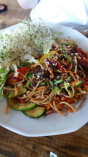 Wok vegetables with noodles at Vege Miasto in Warsaw