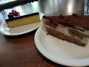 Vegan desserts: Cheesecake and tiramisu at Vege Miasto in Warsaw