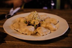 Boiled “russian” pierogi, so delicious! at Vege Miasto in Warsaw