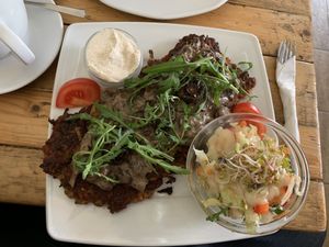 Potato Pancakes w/Mushroom sauce and Cashew “cheese” at Vege Miasto in Warsaw