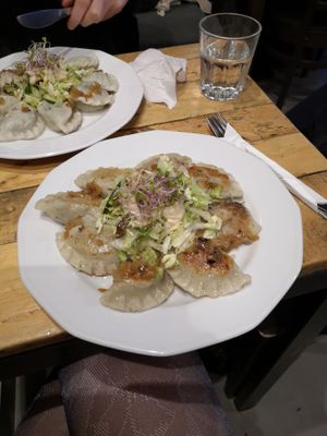 Mushroom and cabbage pierogi at Vege Miasto in Warsaw