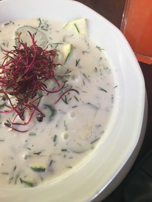 cold soup with cucumber and zucchini  at Vege Miasto in Warsaw