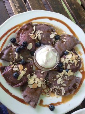 Blueberries & tofu dumplings - also insanely good! at Vege Miasto in Warsaw