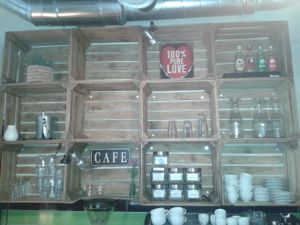 home made shelving at Vege Miasto in Warsaw