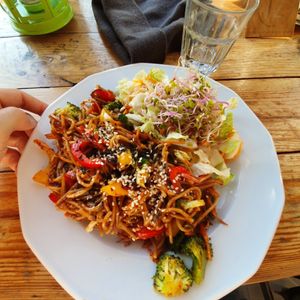 Vegetable wok with noodles at Vege Miasto in Warsaw
