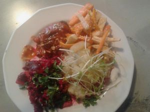 Lunch of the day. Vegan fish with carrot and zucchini fries, mashed potatoes and a salad at Vege Miasto in Warsaw