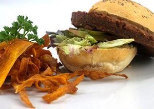 Homemade Vegan burger with crunchy sweet yam  at DosTrece in Barcelona