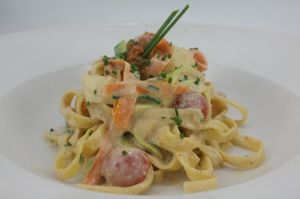 Wheat Tagliatelle with cruditee vegetables Entree  at DosTrece in Barcelona