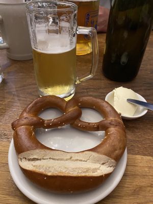 Bavarian Brezel and Bayreuther Lager  at Hofbräuhaus Melbourne in Melbourne