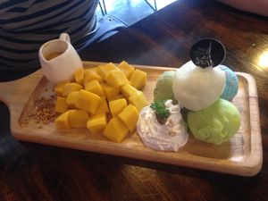Mango with four types of vegan icecream  at Iconic Ice Cream in Chiang Mai