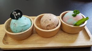 Mint-chocolate, cookie and Spiderman flavors at Iconic Ice Cream in Chiang Mai