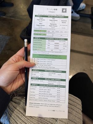 Vegan menu on back of omni one  at Ramen DANBO Wimbledon in London