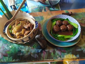 Eggplant and "meatballs" at Twin Lotus Vegetarian Restaurant - Maybe closed in Tianjin