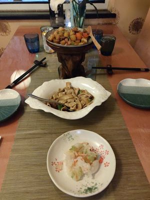 Indian curry, superior tofu and a vinegar and chilli cabbage that was complimentary at Twin Lotus Vegetarian Restaurant - Maybe closed in Tianjin