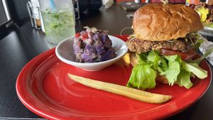 Conscious Culture burger with sweet potato salad side  at The Booch Bar in Hilo